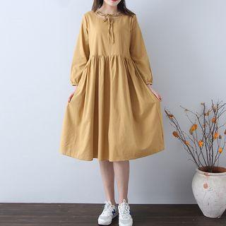 Long-sleeve Midi A-line Linen Dress