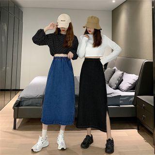 Elastic-waist Slit-side Denim Long Skirt