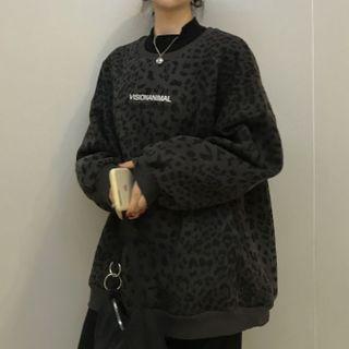 Lettering Leopard Print Sweatshirt Gray - One Size
