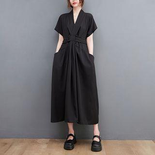 Short-sleeve V-neck Strappy Midi Smock Dress