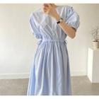 Puff-sleeve Drawstring-waist Midi Smock Dress