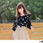 3/4 Sleeve Dotted Print Lace-up Chiffon Top