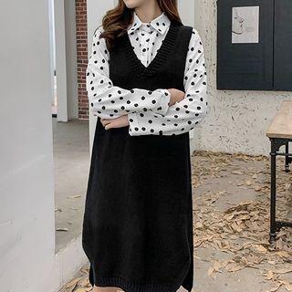 Set: Dotted Blouse + V-neck Sleeveless Knit Dress
