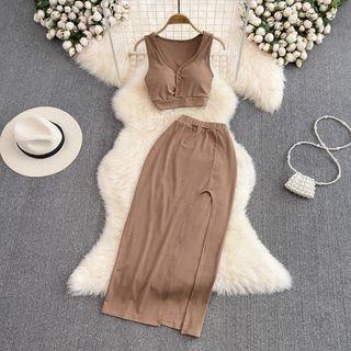 Set: Round Neck Crop Tank Top + Slit Skirt