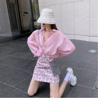 Long-sleeve Shirt / Leopard Print Mini Fitted Skirt