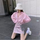 Long-sleeve Shirt / Leopard Print Mini Fitted Skirt