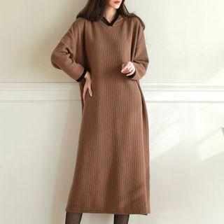 Contrast-trim Ribbed Midi Hoodie Dress
