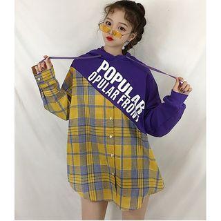 Plaid Panel Lettering Hoodie