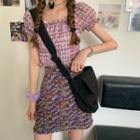 Plaid Short-sleeve Blouse / Flower Print Mini Pencil Skirt
