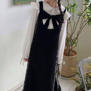 Floral Print Panel Bow Midi A-line Overall Dress