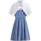 Short-sleeve Shrug / Spaghetti Strap Denim A-line Dress / Set
