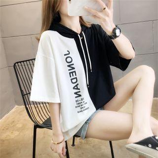 Two-tone Lettering Hooded Elbow-sleeve T-shirt