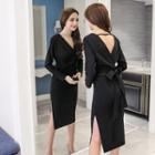 Tie-waist Long-sleeve Midi Sheath Dress