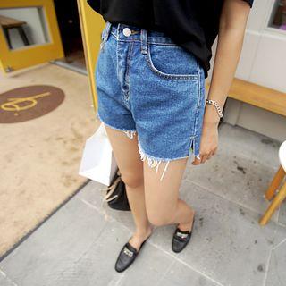 Slit-side Fray-hem Denim Shorts