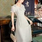 Short-sleeve Frill Trim Midi A-line Dress