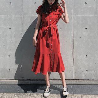 Short-sleeve Sashed Midi Mermaid Dress