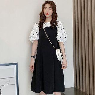Puff-sleeve Dotted Blouse / Overall Dress / Set