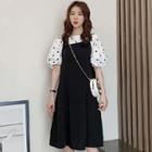 Puff-sleeve Dotted Blouse / Overall Dress / Set