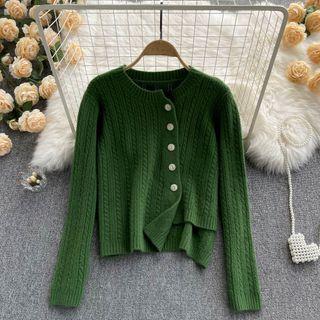 Plain Round-neck Asymmetrical Hem Cardigan