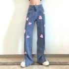 High Waist Heart Print Straight-fit Jeans