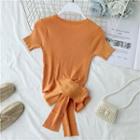 Tie-waist Ribbed Short-sleeve Knit Top