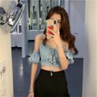 Lace-up Off-shoulder Denim Top Blue - One Size