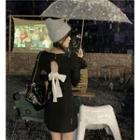 Long-sleeve Ribbon Back Knit A-line Dress Black - One Size