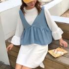 Set: Plain Long Sleeve Dress + Peplum Camisole Top