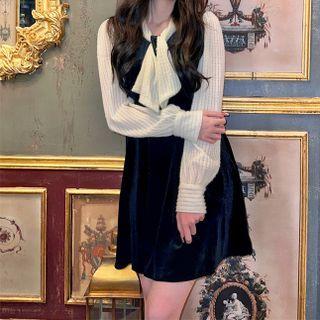 Long-sleeve Tie-neck Velvet Dress