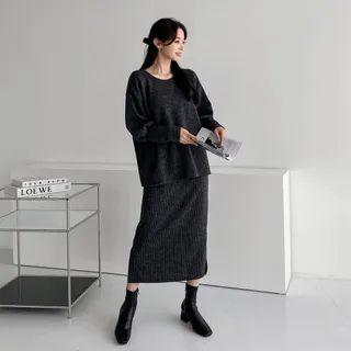 Rib-knit Top & Long H-line Skirt Set