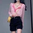 Long-sleeve Striped Henley T-shirt / High-waist Denim Shorts