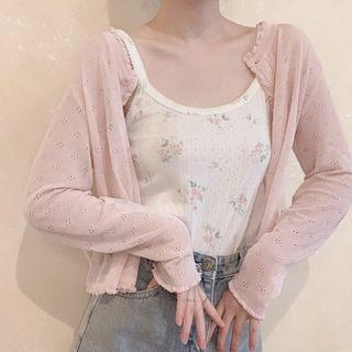 Frilled Sheer Eyelet Knit Cardigan