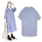 Plaid 3/4-sleeve Midi Dress Blue - One Size