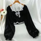Lace Trim Balloon-sleeve Cropped Velvet Blouse Black - One Size