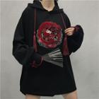 Embroidered Drawstring Hoodie Black - One Size