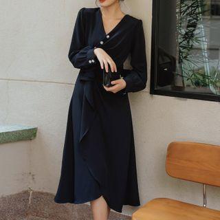 Asymmetric Ruffle Trim Midi A-line Dress