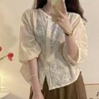 Balloon-sleeve Embroidered Blouse Almond - One Size