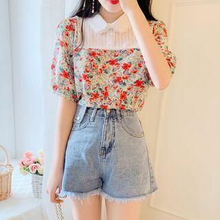 Mesh Panel Floral Elbow-sleeve Blouse / Denim Shorts / Set