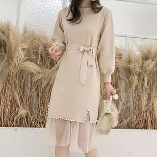 Set: Mock Neck Knit Dress + Sheer Skirt