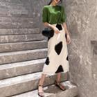 Short-sleeve Knit Top / Printed A-line Midi Skirt