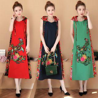 Embroidered Sleeveless Hooded A-line Midi Dress