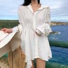 Plain Long-sleeve Drawstring Shirt Dress White - Shirt - One Size