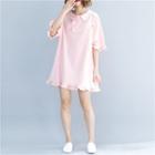 Elbow-sleeve Frill Trim Embroidered Placket Shirt Dress
