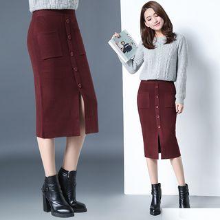 Buttoned Midi Knit Skirt