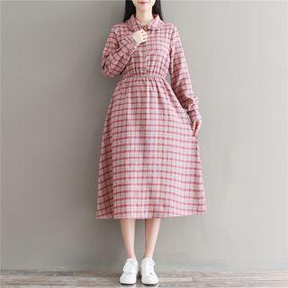 Plaid Linen Long-sleeve Midi A-line Shirt Dress