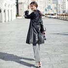 Faux-leather Double-breast Lettering Coat