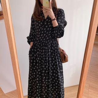 Patterned Long-sleeve Midi A-line Dress Black - One Size