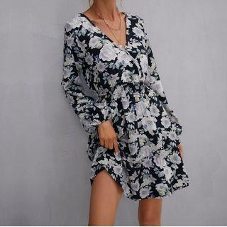 V-neck Long Sleeve Floral Print Dress