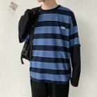 Mock Two-piece Long-sleeve Embroidered Letter Striped T-shirt