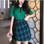 Contrast Trim Knit Polo Shirt / Frilled Trim Plaid A-line Skirt